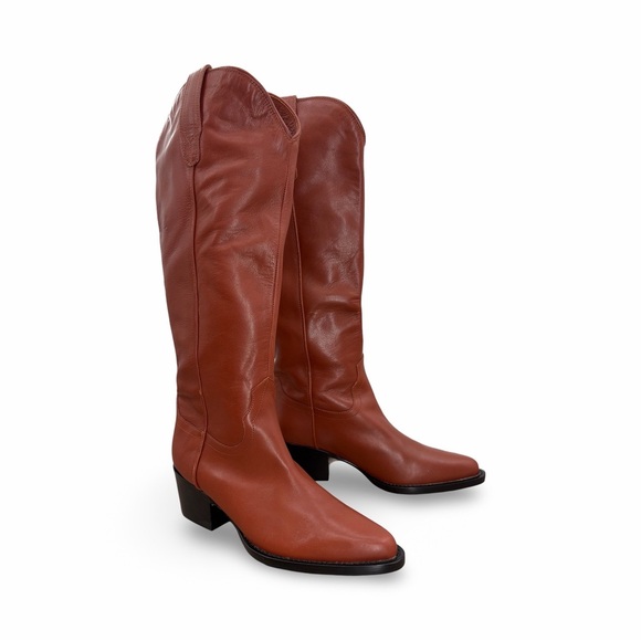 Quince Italian Leather Tall Western Boots in Saddle Brown Size 9 LIKE NEW - Picture 5 of 15